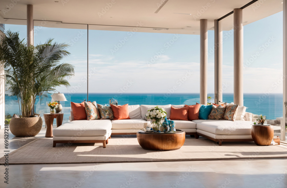 Fototapeta premium Luxury villa with terrace and floor-to-ceiling panoramic window with an amazing sea view. Interior design of modern living room