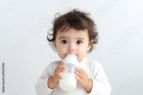 Cute little boy drinking milk with bottle on white background