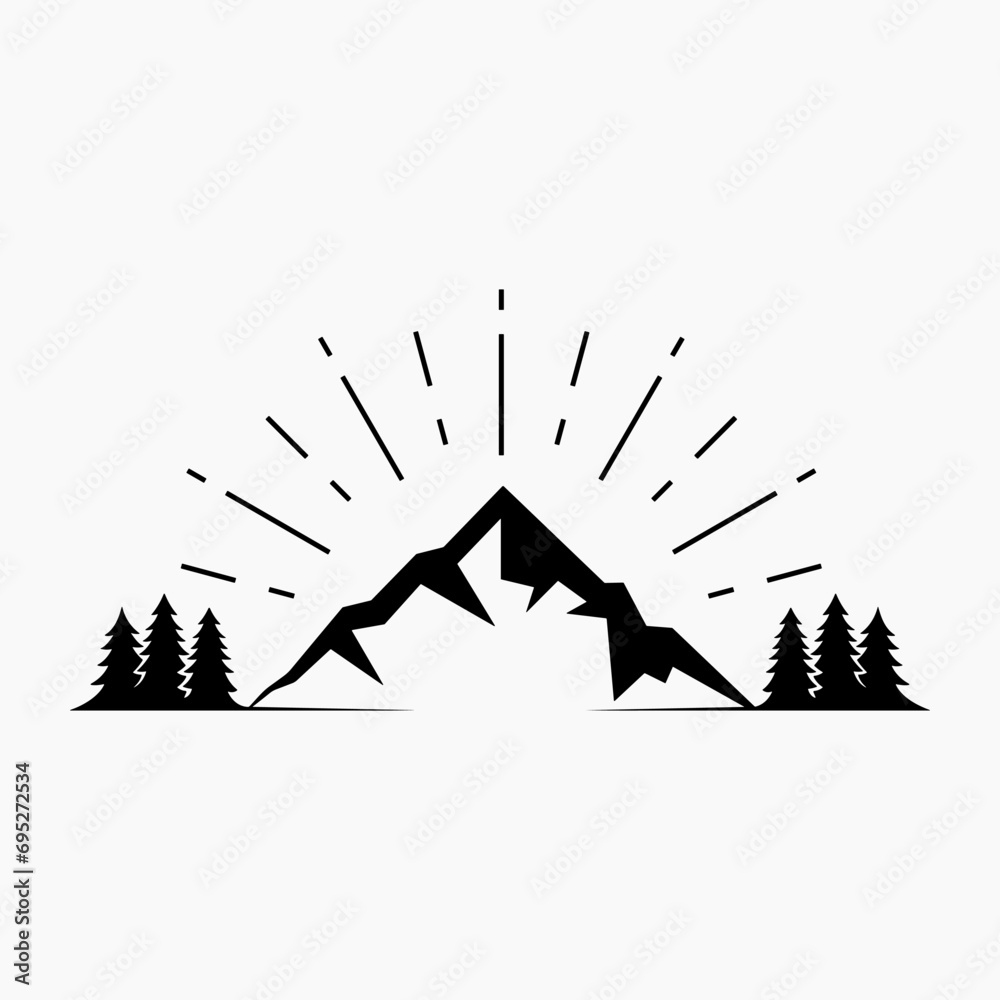 Mountains with sun rays. Vector illustration on a white background. Mountains with sun rays. Vector illustration on a white background.