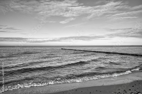 Fototapeta Naklejka Na Ścianę i Meble -  On the coast of the Baltic Sea in black and white. Waves roll onto the sandy beach