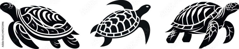 Tribal turtle tattoos, black ink, intricate turtles designs. Three unique tribal turtles in various poses, Stylized with complex patterns indicating a tribal or ancient artistic influence Tribal turtle tattoos, black ink, intricate turtles designs. Three unique tribal turtles in various poses, Stylized with complex patterns indicating a tribal or ancient artistic influence