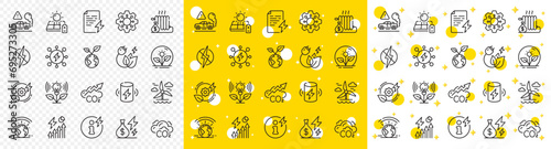 Warm climate, Sustainable power and Antistatic set. Green energy line icons. Co2 exhaust, Solar charge battery and Heat radiator icons. Energy price inflation, green climate. Vector