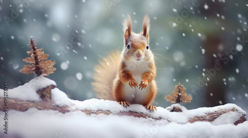 Cute red squirrel in the falling snow against the background of a pine forest. Winter time background photo