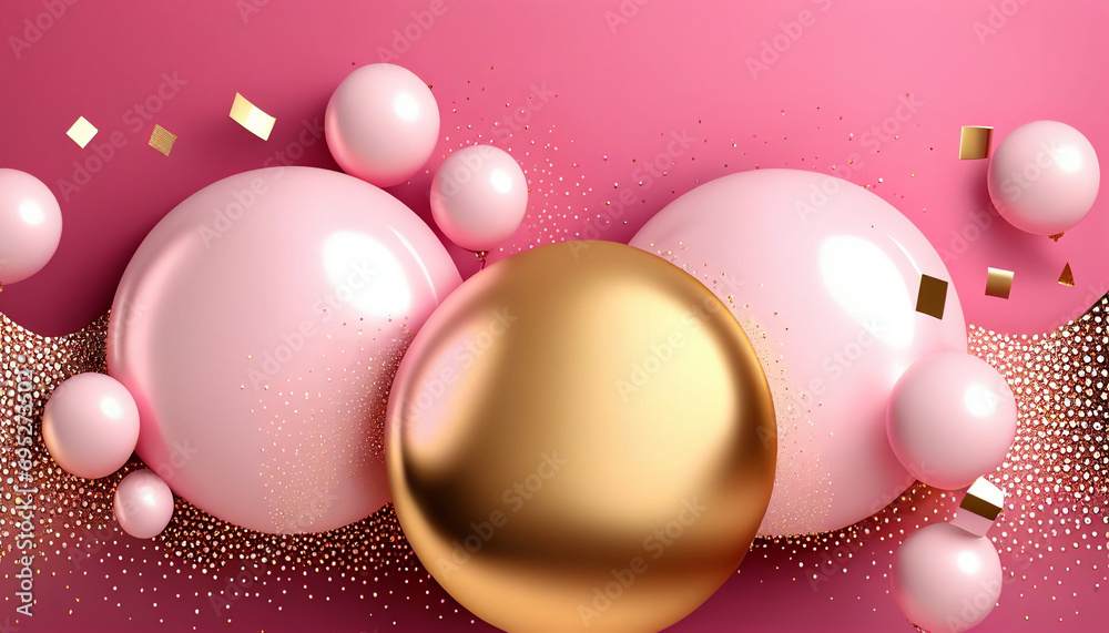 Pink color and golden balloons with sequins and white sticker. Pink background for social media. 3D render for birthday, party, wedding or promotion banners. realistic illustration, Ai generated image