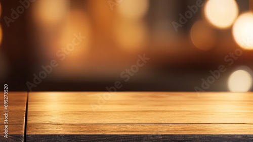 Empty wooden table in front of abstract blurred cafe lights background. For product display.