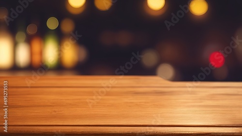 Empty wooden table and bokeh lights background. For product display.