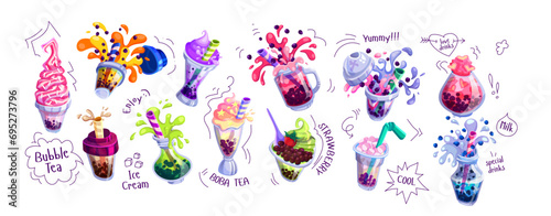 Healthy bubble tea color icon vector illustrations big set. Pack of flat objects for trendy restaurant menu isolated on white. Design elements