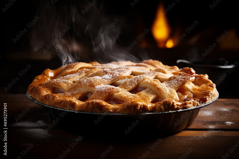 Inviting Food Photography of a Mouthwatering Apple Pie with a Crispy Crust and Rising Steam, Cozy Atmosphere with Fireplace Lights in the Background, Bokeh Effect - An Ambience of Comfort 