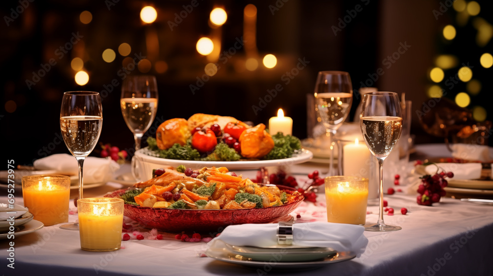 Festive table setting for Christmas dinner in the interior of the restaurant