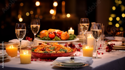 Festive table setting for Christmas dinner in the interior of the restaurant