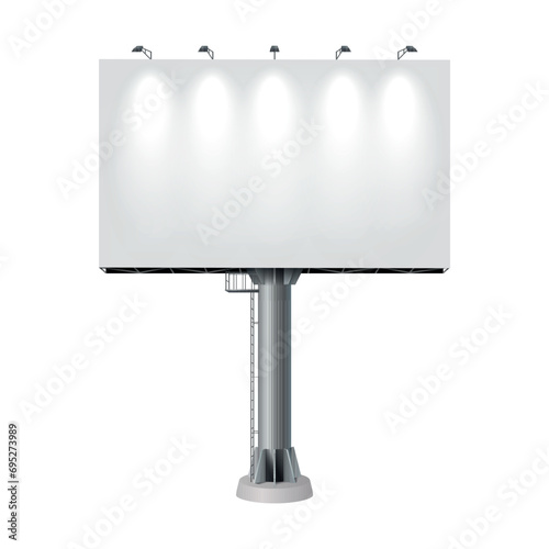 Billboard on metal pole lit by lamps realistic vector illustration. Large advertising banner 3d for commerce isolated on white background