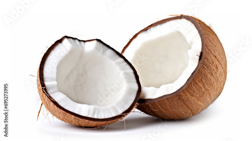 Coconut fruit with cut in half isolated on white background. Clipping path. generative ai