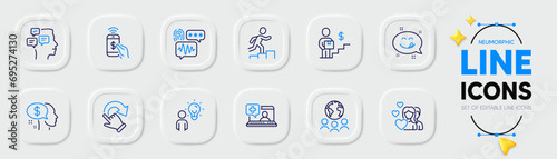 Pay, Medical help and Couple line icons for web app. Pack of Rotation gesture, Yummy smile, Group people pictogram icons. Leader run, Messages, Global business signs. Phone payment. Vector