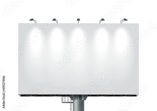 Billboard blank panel with lit lamps realistic vector illustration. Roadside advertising banner 3d for business isolated on white background