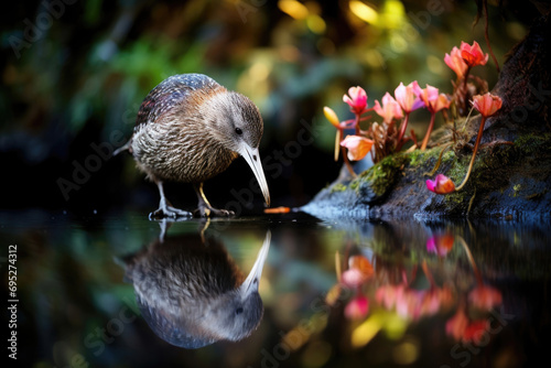 A kiwi bird, small and fascinating, strolls through the lush New Zealand forest photo