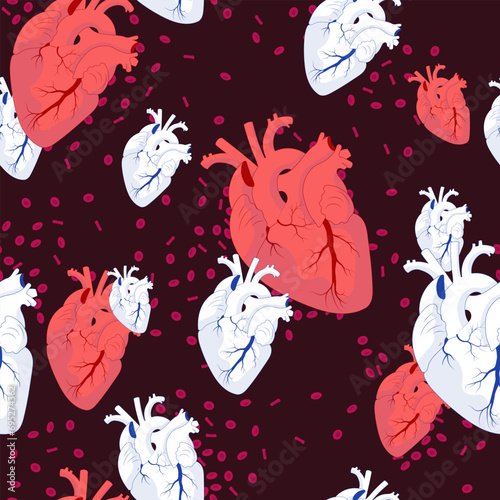 Seamless pattern of realistic white and red hearts on dark background with red blood cells. 