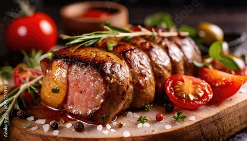 Copy Space image with close up of barbecue ribs on cutting board over wooden table.