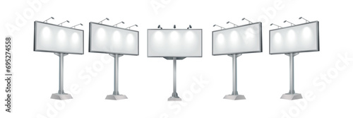 Mockup billboard different perspectives realistic vector illustration set. Street advertising empty equipment 3d isolated on white background