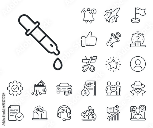 Laboratory sign. Salaryman, gender equality and alert bell outline icons. Chemistry pipette line icon. Analysis lab symbol. Chemistry pipette line sign. Spy or profile placeholder icon. Vector