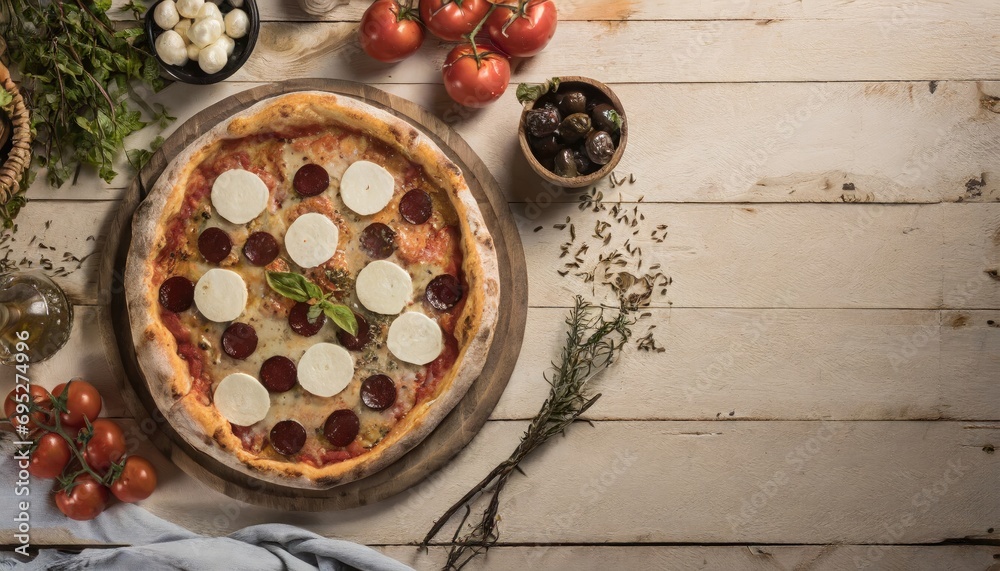 Copy Space image of Delicious pizza margarita with mozzarella on dark wooden Copy Space image of Delicious pizza margarita with mozzarella on dark wooden
