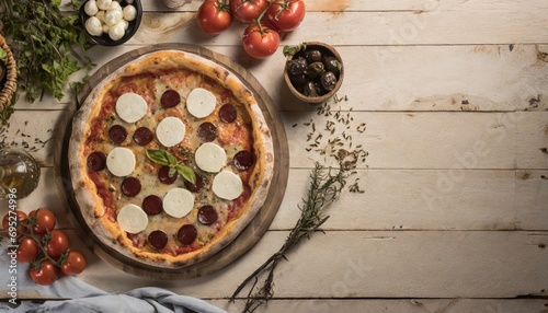 Copy Space image of Delicious pizza margarita with mozzarella on dark wooden