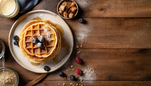 Copy Space image of Freshly made belgian waffles with honey flows and powdered sugar.