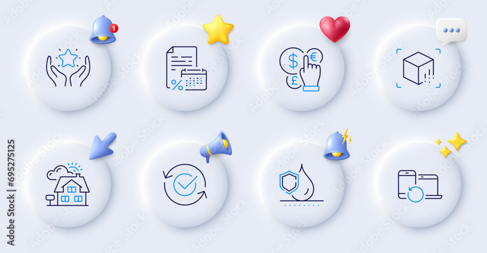 Augmented reality, Realtor and Approved line icons. Buttons with 3d bell, chat speech, cursor. Pack of Money currency, Waterproof, Ranking icon. Recovery devices, Calendar tax pictogram. Vector Augmented reality, Realtor and Approved line icons. Buttons with 3d bell, chat speech, cursor. Pack of Money currency, Waterproof, Ranking icon. Recovery devices, Calendar tax pictogram. Vector