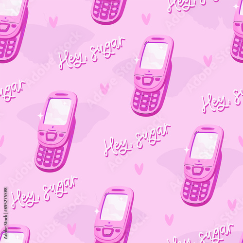 Y2K pink seamless pattern. Y2K trendy pattern with old mobile phone, pink background and text 