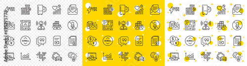 Outline Financial documents, Quote bubble and Inventory line icons pack for web with Currency exchange, Loan house, Idea gear line icon. No microphone, Maze attention. Vector