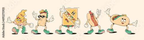 Humanized sandwiches in retro cartoon style vector illustration set. Snack characters vintage animation elements design. Children cafe