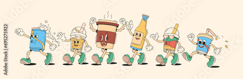 Walking drinks in retro cartoon style vector illustration set. Different beverages characters vintage animation elements design. Handdrawn art