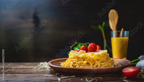 Copy Space image of Mac and cheese american macaroni pasta with cheesy Cheddar sauce with landscape view