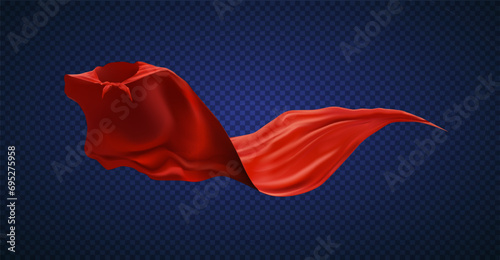 Flying red superhero cloak color vector realistic illustration. Comic character accessory 3d design on transparent background. Cartoon art