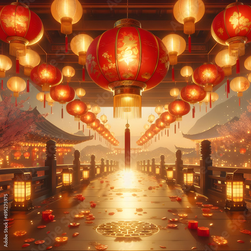 A visual extravaganza depicting the cultural richness and celebratory moments of the Chinese New Year Lantern Festival, with a focus on lantern-lit traditions.