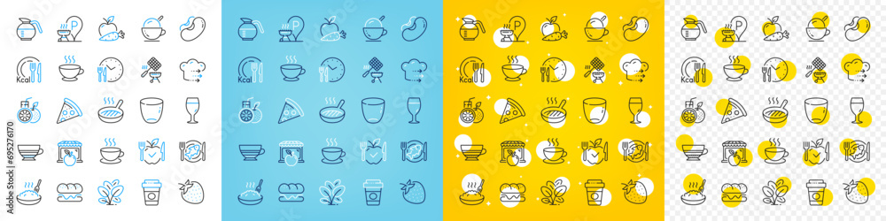 Vector icons set of Burger, Grill basket and Ice cream line icons pack for web with Porridge, Coffee cup, Grill place outline icon. Pizza, Food delivery, Food time pictogram. Vector
