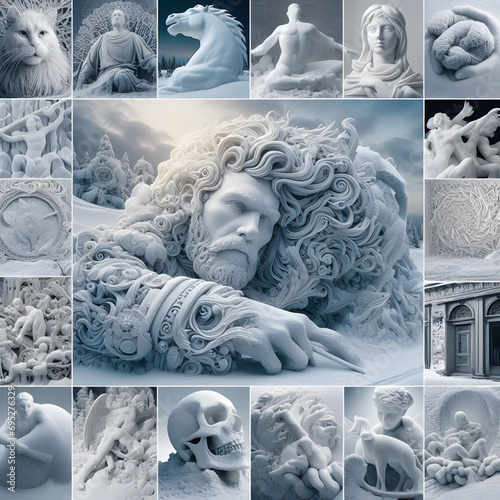 A visual symphony portraying the frozen artistry of snow sculpting, bringing together sculptures from various cultures and showcasing the creativity of artists worldwide. photo