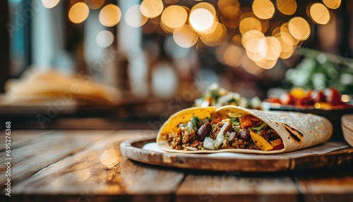 Copy Space image of Burrito wraps from fillet grilled chicken, pickles, tomatoes and cheese on night bokeh street background