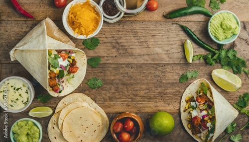 Copy Space image of Taco bar side border with an assortment of ingredients. Top view on a dark wood banner background