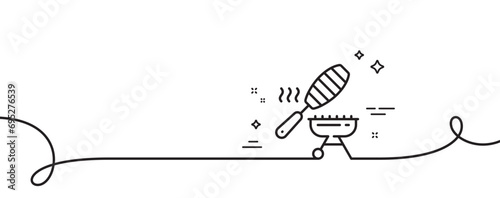 Grill line icon. Continuous one line with curl. Barbecue fish basket sign. Meat brazier cooker utensils symbol. Fish grill single outline ribbon. Loop curve pattern. Vector