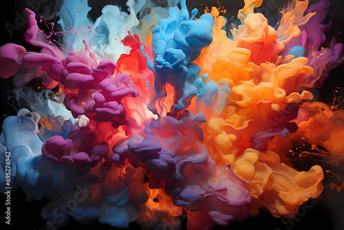 A dynamic and explosive composition showcasing a collision of vibrant liquid colors, creating a visual explosion of energy