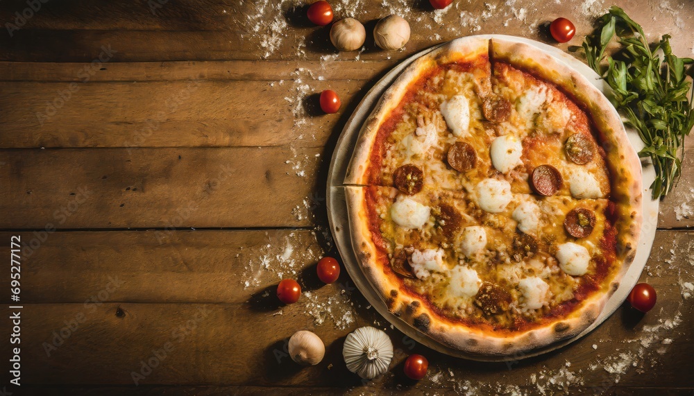 Copy Space image of Pizza Margherita on wooden background, Pizza Margarita with Tomatoes, Copy Space image of Pizza Margherita on wooden background, Pizza Margarita with Tomatoes,