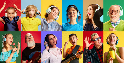 Collage made of people of different age and gender listening to music in headphones over multicolored background. Concept of human emotions  music  leisure  enjoyment and fun