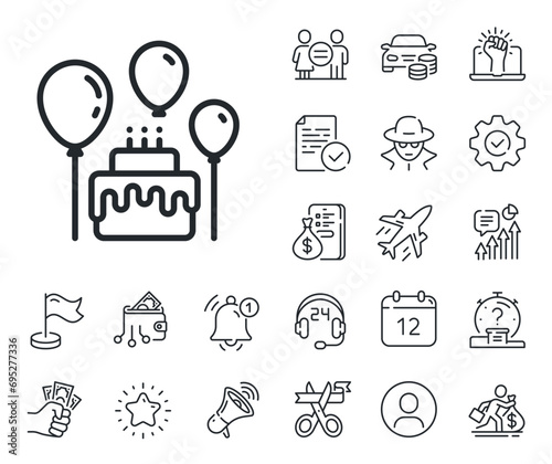 Birthday events sign. Salaryman, gender equality and alert bell outline icons. Cake line icon. Party celebration symbol. Cake line sign. Spy or profile placeholder icon. Online support, strike. Vector