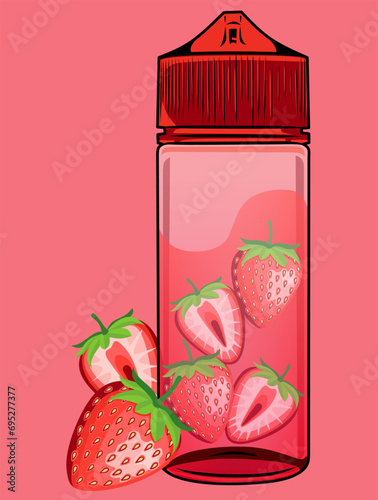 Strawberry flavor liquid bottles vaping. Vape liquid droppers isolated vector illustration