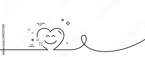 Smile chat line icon. Continuous one line with curl. Happy emoticon sign. Heart speech bubble symbol. Smile chat single outline ribbon. Loop curve pattern. Vector