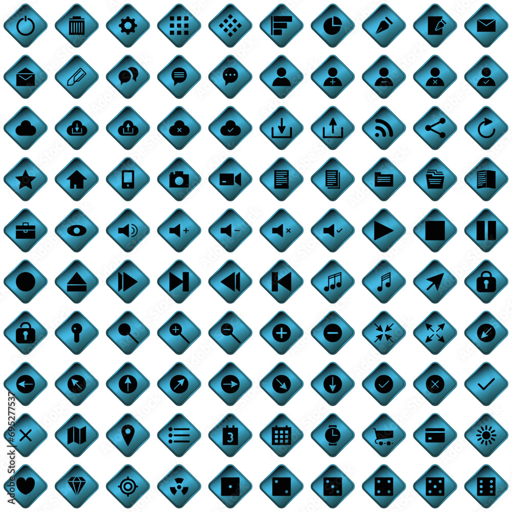 100 icônes, pictogrammes, sur boutons en forme de losange cyan pour site web ou interface d'application, softaware…