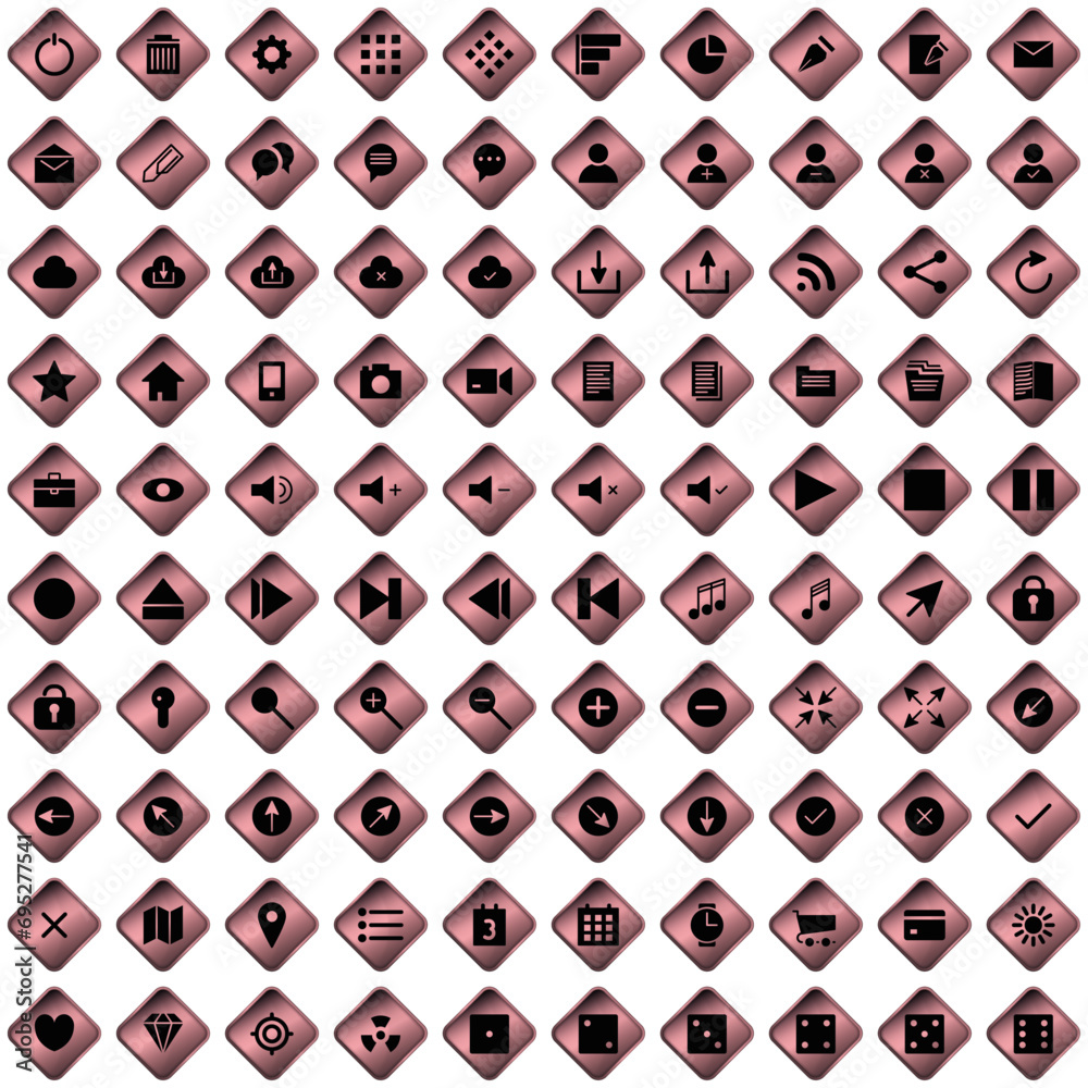 100 icônes, pictogrammes, sur boutons en forme de losange rose pour site web ou interface d'application, softaware…