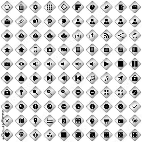 100 icônes, pictogrammes, sur boutons en forme de losange blanc pour site web ou interface d'application, softaware…