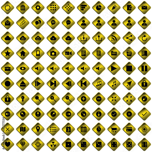 100 icônes, pictogrammes, sur boutons en forme de losange jaune pour site web ou interface d'application, softaware…