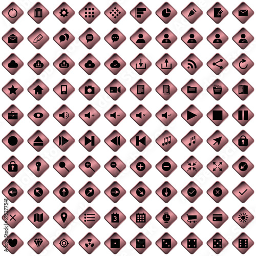 100 icônes, pictogrammes, sur boutons en forme de losange rose pour site web ou interface d'application, softaware…
